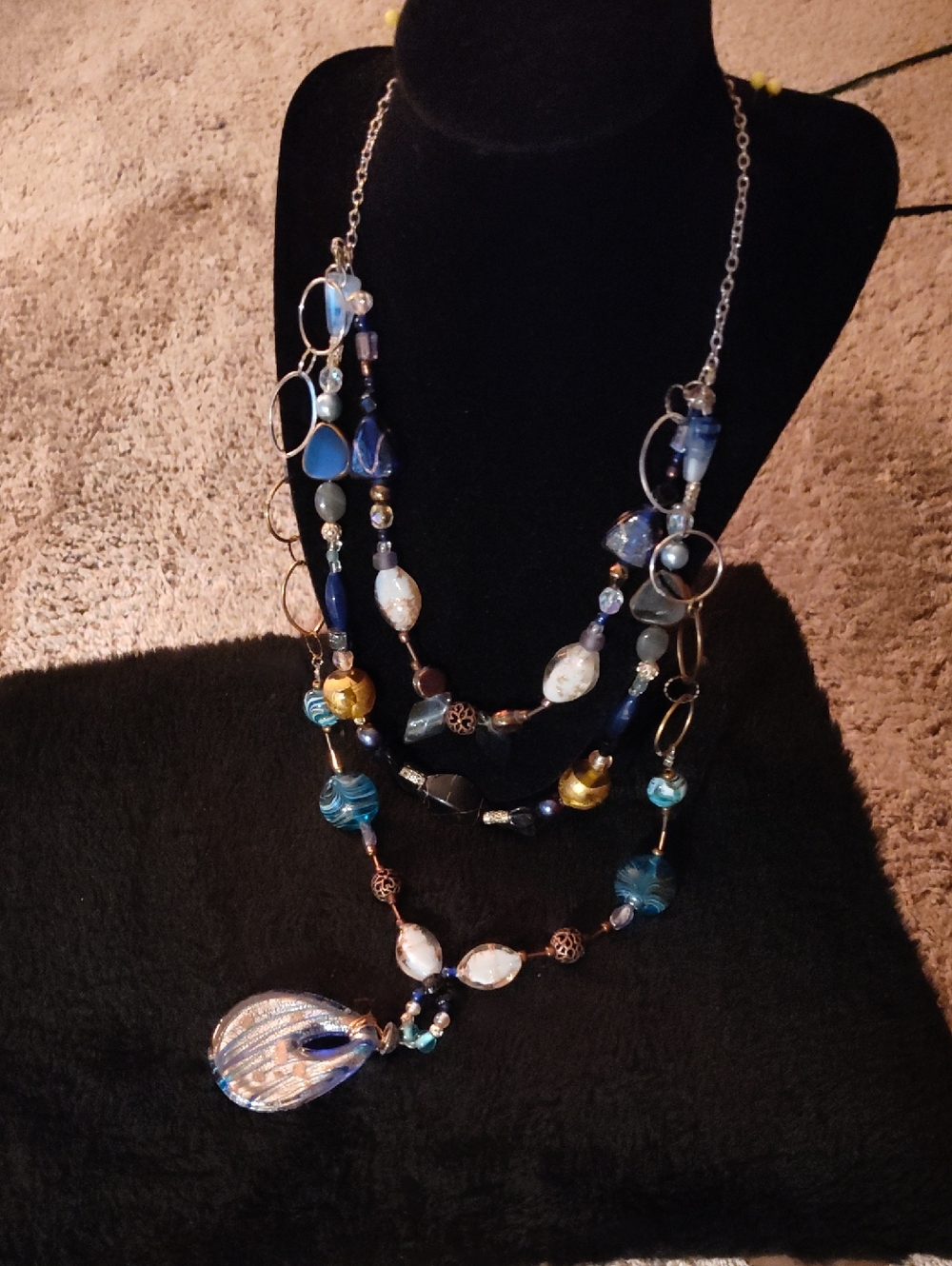 Handcrafted Blue Multi-Strand Beaded Necklace with Pendant - Unbranded